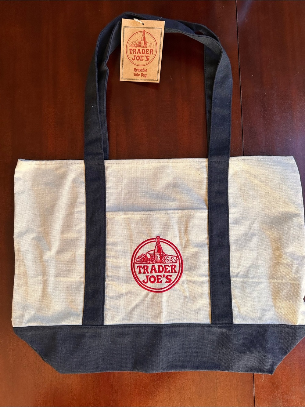 NWT Viral Trader Joe's Canvas Tote Bag in Cream and Navy - large size